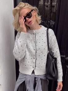 Women's Button-Up Polka Dot Knit Cardigan, Cute & Comfortable Sweater, Suitable For Date Night, Christmas, Halloween, Thanksgiving Outfits - Apricot - View 9