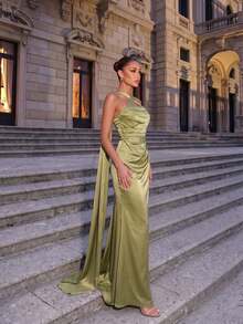 CHOSMO Elegant Green Women's Formal Backless Solid Color Dress For Homecoming - Light Green - View 4