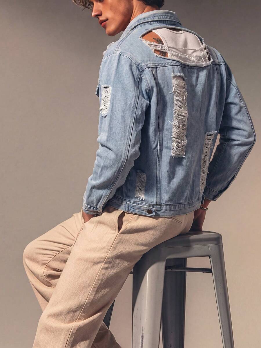 Men's Vintage Light Wash Distressed Denim Jacket, Y2K Lapel Front Button Back Hollow Out Large Ripped Frayed Long Sleeve Button-Up Cardigan Denim Jacket - Light Wash - View 1