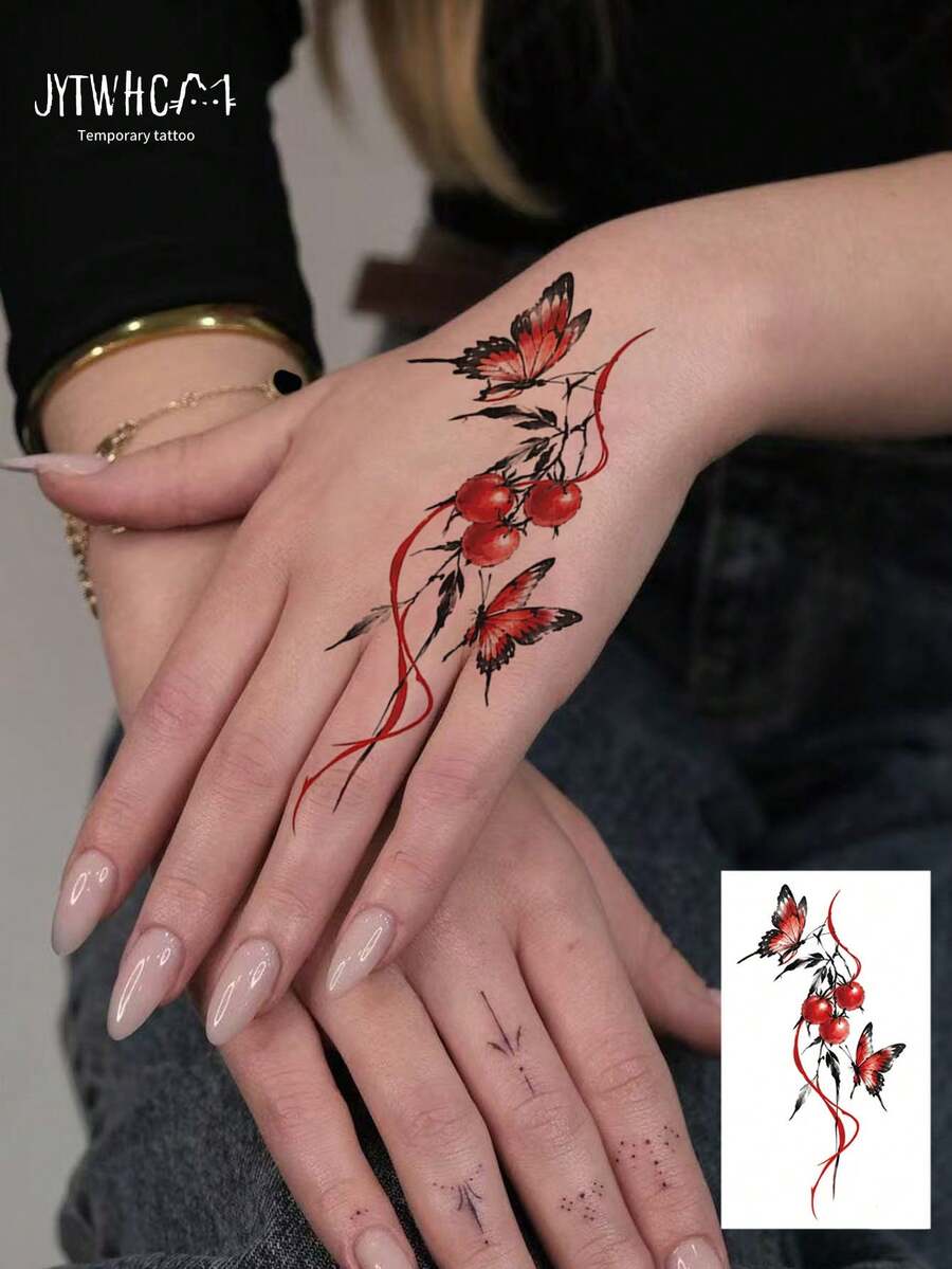 1pc Temporary Tattoo Sticker, Watercolor Red Butterfly & Red Fruit Ribbon Design, Realistic Ink Style Fake Tattoo, Water Transfer Body Art Sticker, Suitable For Wrist Arm, Holiday Party Daily Decoration, Fit For Women Girls - Black - View 1