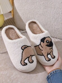 新款刺繡布料居家拖鞋，可愛搞怪卡通動物貓狗獅子兔子櫻桃圖案，保暖防滑情侶男女款，秋冬適用 - 棕色 - 查看 2