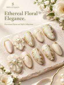 10 Pcs Medium Almond Fall Press On Nails, Floral Fake Nails, Milk White Base, Gold Leaf Pattern, White Flower, 3D Flower Emboss, Pearl Accent, High Gloss Reusable False Nail Tips For Wedding Date Evening Daily Wear - Multicolor - View 9
