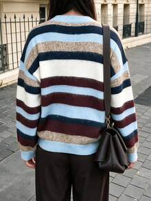 Women's Multicolor Striped Sweater Fuzzy Knit Long Sleeve Oversized Pullover Crew Neck Color Block Loose Fit Casual Fall Winter Top - Multicolor - View 2