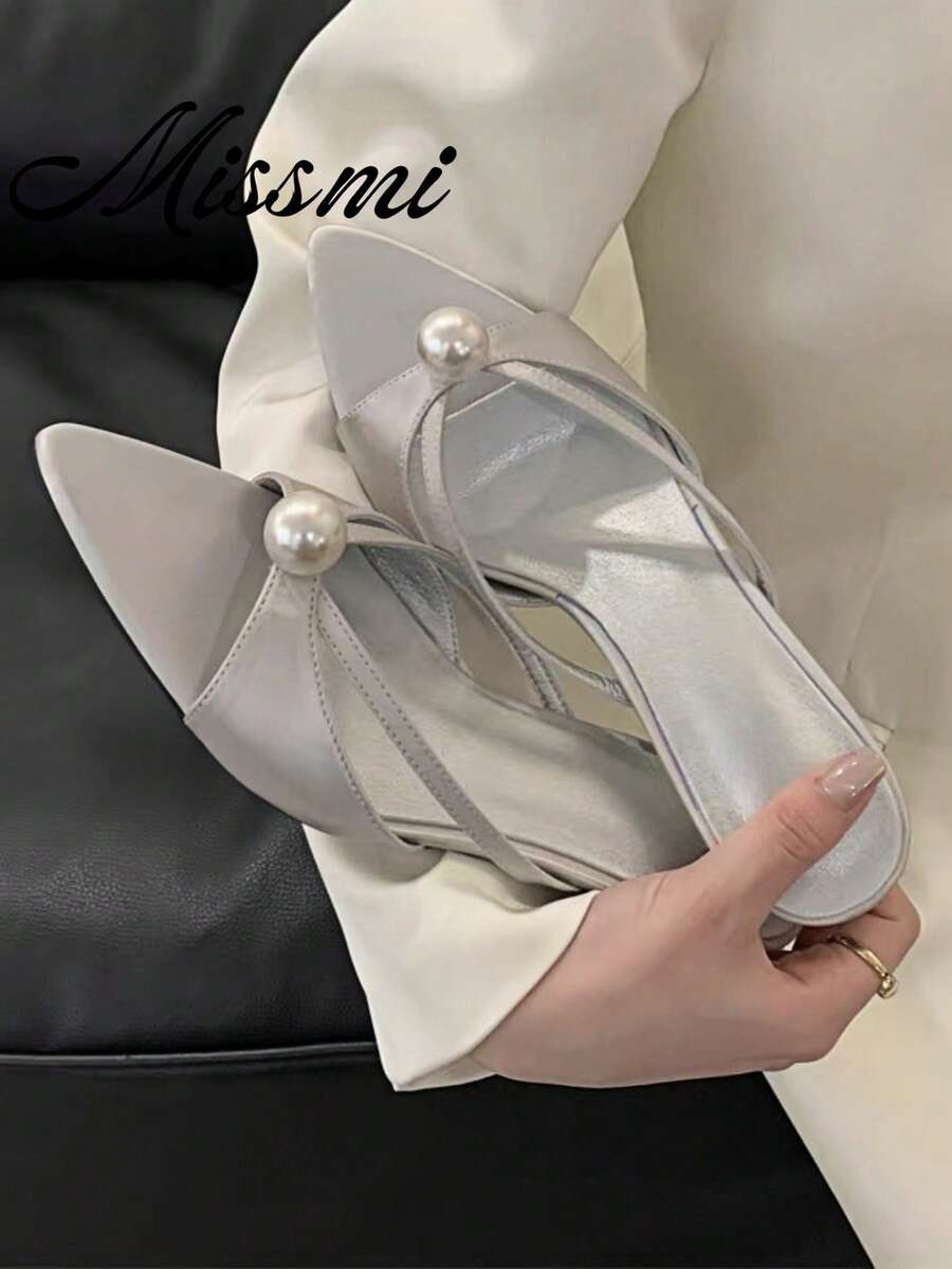 Soft Bottom Sexy French High Heel Slippers For Women, Stiletto Outdoor Sandals, Summer Elegant Lady , New Design 2025,Kitten Heels - Silver - View 1