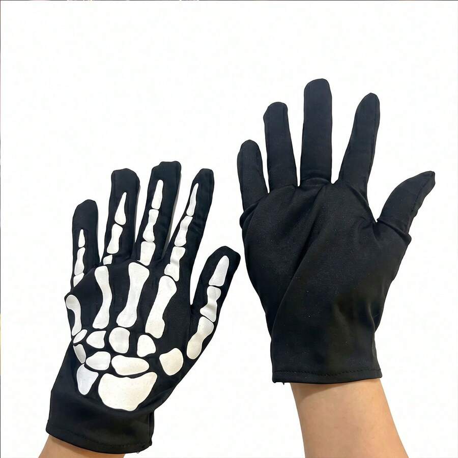 1 Pair Halloween Black Skeleton Pattern Gloves, Suitable For Halloween And Costume Parties - A - View 1