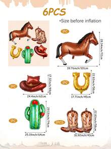 6/12pcs Western Theme Party Balloon Set, Includes Horse Balloon, Brown Hat, Boots, Cactus Balloon, Horseshoe Foil Balloon, Suitable For Western Theme, Birthday Party, First Rodeo Theme Party, Bachelor Party, Farm Theme - Multicolor - View 8