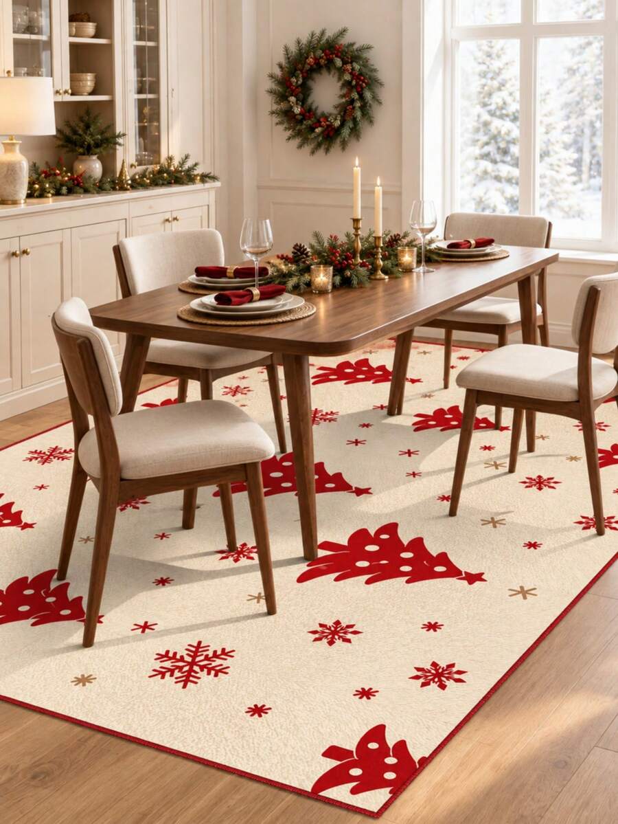 1pc Christmas Area Rug, Red & White Snowflake Christmas Tree Holiday Carpet, With Festive Winter Snowflake Print, Rectangular Indoor Floor Mat, Suitable For Living Room, Bedroom, Dining Room, Entryway, Fireplace, Seasonal Christmas Home Decor, Cozy Winter Room Decoration Rug - Multicolor - View 1