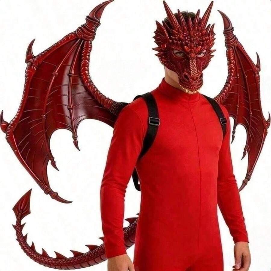 3pcs Luxury Dragon Costume Set, Includes Mask, Wings, Tail, Red Dragon Mask, New Upgraded Mask, RP Dragon Costume Mask Set, Thanksgiving Easter Gift | Dragon Warrior Mask - Multiple Styles - View 1