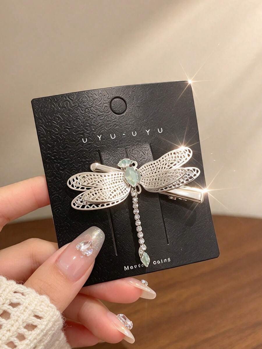1pc Silver Hollow Rhinestone Dragonfly Side Clip, Fresh Green Gemstone Tassel Women's Hair Clip, Vintage Exquisite Bangs Side Clip Hair Accessory - Multicolor - View 1
