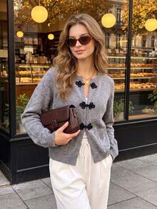 Cardigan Kancing Katak Vintage Wanita, Leher Bulat, Lengan Panjang, Sweater Rajut Gaya Preppy - Grey - View 1