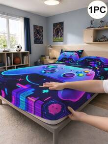 1PC Neon Game Console Print Fitted Sheet (Fitted Sheet Only, No Pillowcase), Soft Bedroom Bedding, Suitable For Bedroom, Guest Room, School Dormitory, Easy To Remove And Machine Washable, All-Season Mattress Protector - Multicolor - View 1