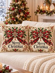 shangxia 2 cái vỏ gối sofa họa tiết in chữ Merry Christmas và nơ kẻ caro đỏ phong cách vintage, trang trí lễ Giáng sinh (không kèm ruột gối) - Nhiều màu - Xem 8