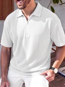 Casual Minimalist Solid Color Waffle Knit Polo T-Shirt For Men, Daily Commute - White - View 1