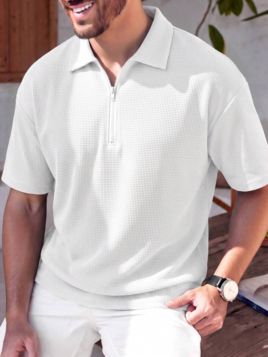Casual Minimalist Solid Color Waffle Knit Polo T-Shirt For Men, Daily Commute - White - View 1