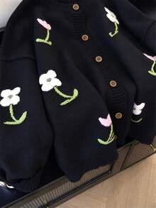 女款優雅花卉刺繡針織開襟衫，適合秋冬日常、戶外與居家穿著 - 黑色 - 查看 3