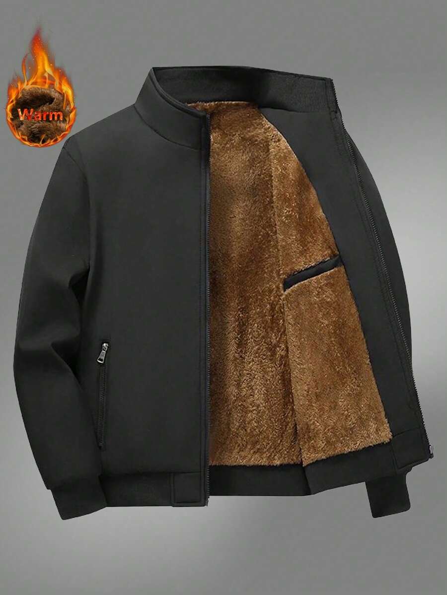 Men's Jacket, Autumn/Winter Thermal Lined Solid Color Minimalist Men's Jacket, Outdoor Casual Style Fashion Versatile Jacket - Black - View 1