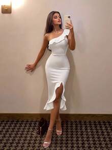ADYCE Elegant One-Shoulder High-Waist Asymmetrical Hemline With Ruffles And Slit, Mid-Length Bandage Party Dress, Suitable For Prom, Birthday Party And Evening Gala - White - View 1