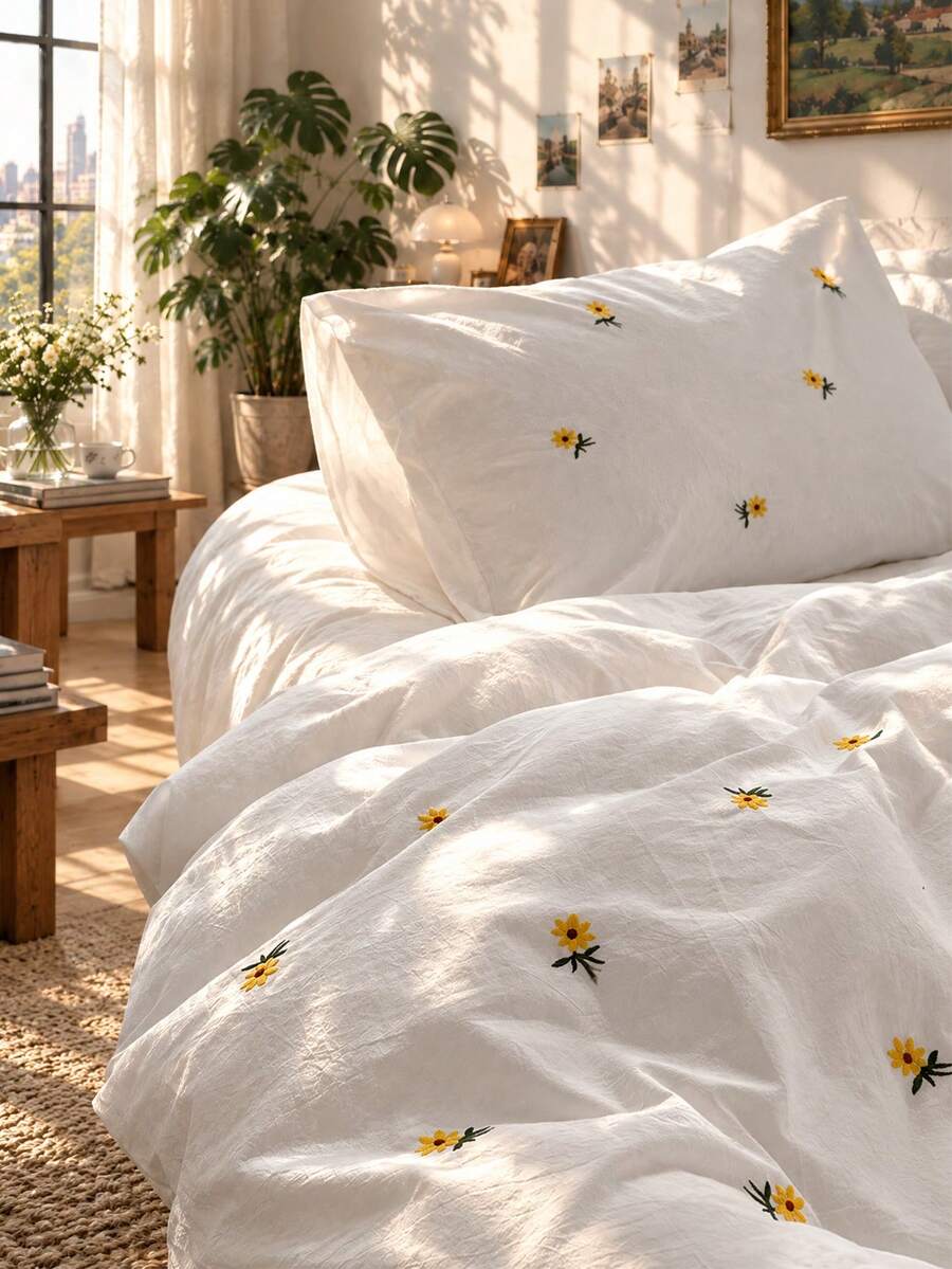 3pcs Set, 100% Polyester, Elegant Floral Embroidered Duvet Cover Set (Without Comforter, Includes 1 Duvet Cover And 2 Pillow Shams), Modern Polyester Bedding Set Suitable For All Seasons - White - View 1