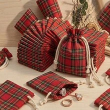 6/12pcs Red Plaid Drawstring Bags - Small Gift Bags With Plaid Pattern And Drawstring Closure, Suitable For Wedding Gifts, Jewelry Storage, Christmas Candy, Birthday Party Supplies, Beaded Craft Finished Products (Fabric Material) - Multicolor - View 2
