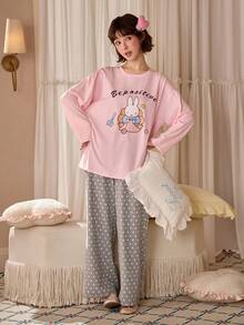Gongdie 2pcs Miffy Women's Pajama Set, Autumn Pink Soft Cotton Loungewear With Pockets - Pink - View 1