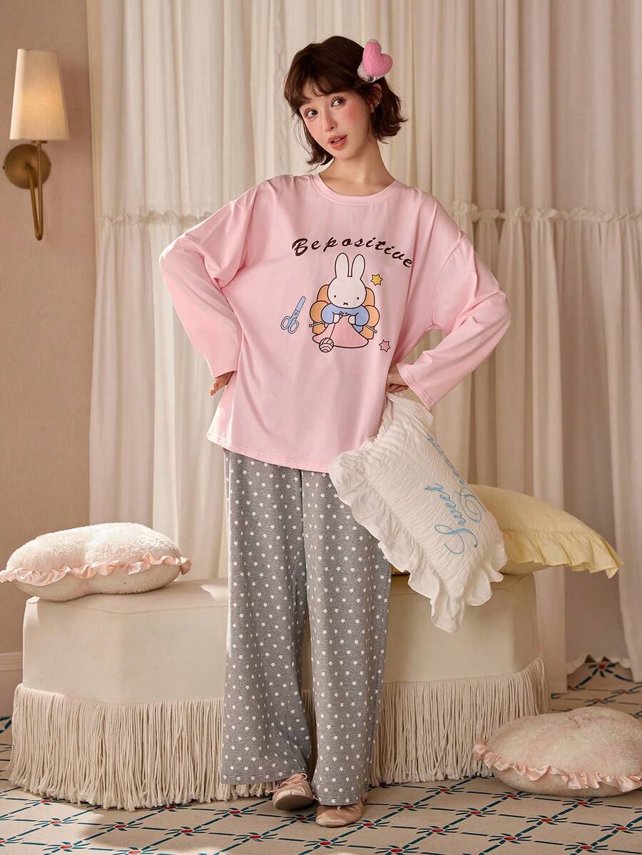 Gongdie 2pcs Miffy Women's Pajama Set, Autumn Pink Soft Cotton Loungewear With Pockets - Pink - View 1