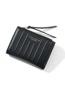 Women's Short Zipper Wallet, Ribbed PU Leather Card Holder, Solid Color Coin Purse, Black Apricot Pink - Multicolor - View 10