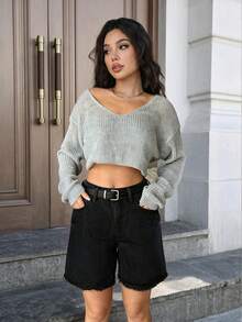 HAPPY GIRL Shorts de mezclilla de 5 pulgadas para mujer estudiante universitaria, versátiles, casuales, de moda, de pierna alargada, con dobladillo deshilachado simple - Negro - Ver 5