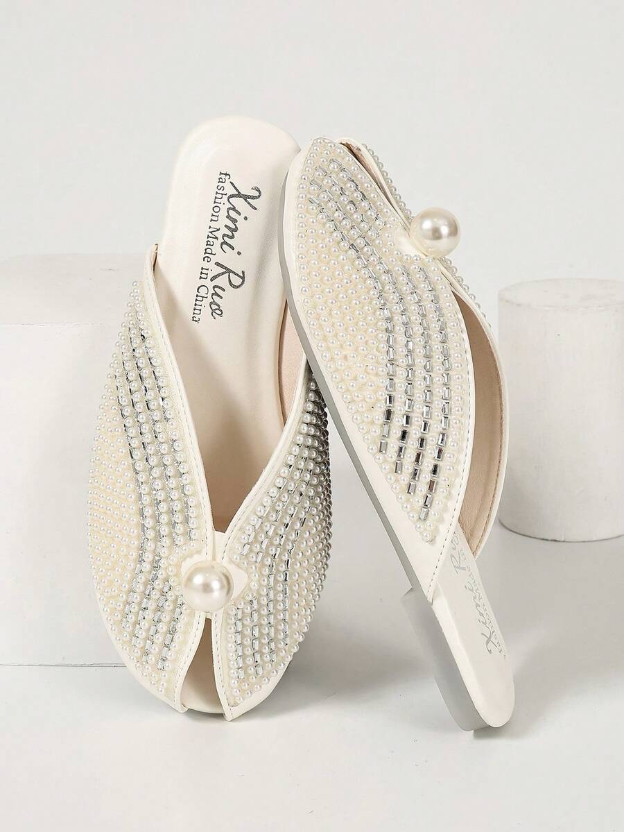 Ximi Ruo Women's Peep-Toe Flat Slides Spring New Fashion Outdoor Wear Rhinestone Closed Toe Slippers Slouchy Mule Shoes Internet Celebrity Closed Toe Slippers Women's Shoes Outdoor Wear Spring Summer New Fashion Pointed Toe Chunky Heel Mule Shoes Rhinestone - White - View 1