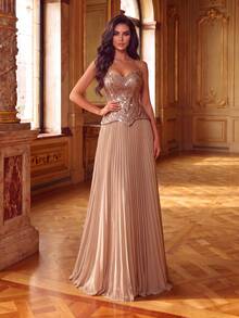 Gaun Formal Maxi Lipit Berpayet Tanpa Tali untuk Wanita, Detail Manik-Manik Elegan, Cocok untuk Prom atau Acara Spesial - Sampanye - View 4