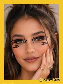1pc Temporary Tattoo Sticker Music Festival Black Star & Curve Line Eye Face Makeup Pattern, Realistic Tattoo Design, Suitable For Daily Wear, Bachelorette Party Favors, Music Festivals, Games, Graduation Gifts, Lasts 3-5 Days - Black - View 6
