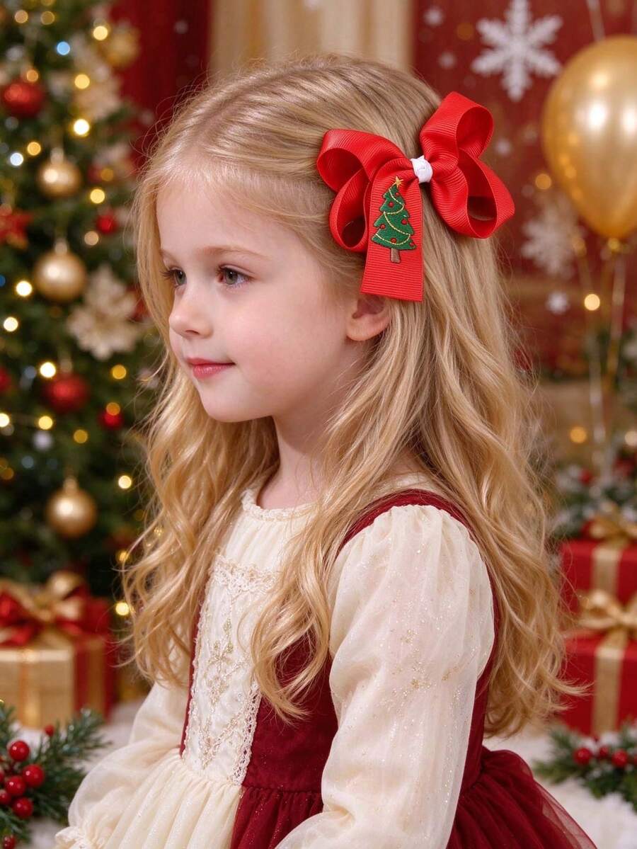 1Pc Cute Christmas Tree Embroidery Red Grosgrain Ribbon Bow For Girls Decor Alligator Clip Daily Casual Fall Winter Hair Clips Kids Hair Accessory - Multicolor - View 1