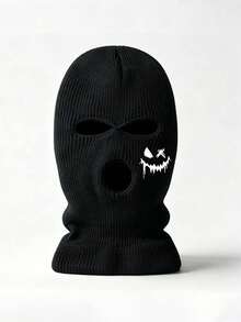 1pc Printed Smiling Face Balaclava Knitted Hat, Unisex Y2K Style Pom Pom Beanie, Outdoor Cold-Proof Casual Versatile Winter Warm Hat For Daily Commute - Knitted Hat - View 2