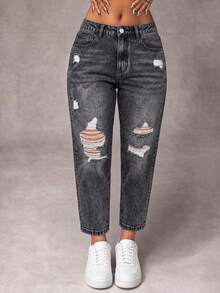 Women's Plus Size Vintage Denim Jeans, Cropped Length, Elastic Waistband With Pockets, Non-Stretch Floral Design, Suitable For Autumn Grunge Style - Black - View 4