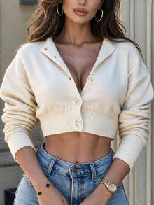Vexica Women's Sexy White Knitted Top, Lapel Deep V-Neck Button-Up Short Cardigan, Suitable For Winter Party, Night Out And Daily Wear - Apricot - View 2