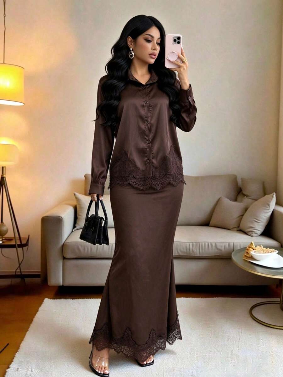 Elegant Brown Satin Lace Hem Modest Long Sleeve Fall Winter Two Pieces Outfit - Brown - View 1