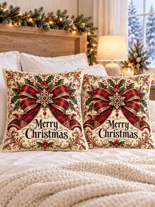 shangxia 2 cái vỏ gối sofa họa tiết in chữ Merry Christmas và nơ kẻ caro đỏ phong cách vintage, trang trí lễ Giáng sinh (không kèm ruột gối) - Nhiều màu - Xem 1