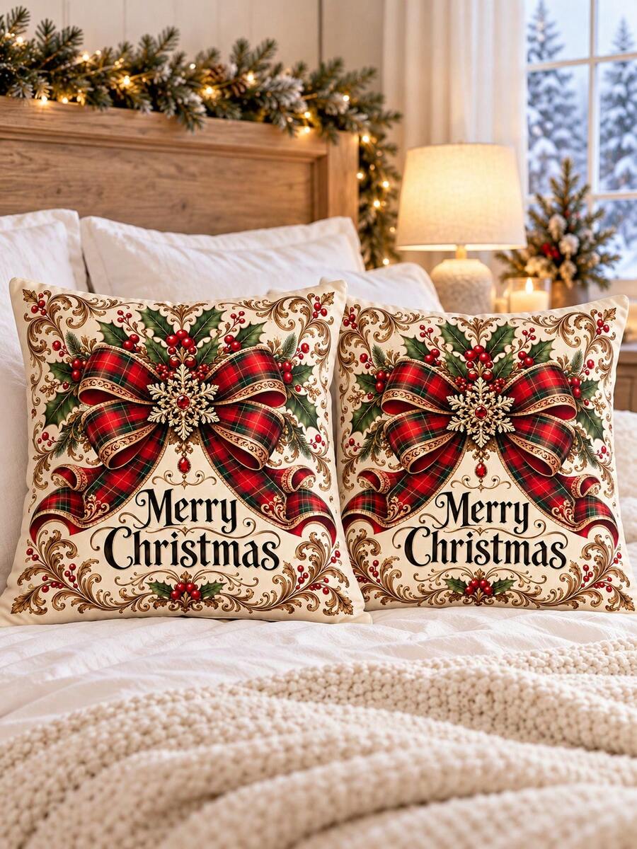 shangxia 2 cái vỏ gối sofa họa tiết in chữ Merry Christmas và nơ kẻ caro đỏ phong cách vintage, trang trí lễ Giáng sinh (không kèm ruột gối) - Nhiều màu - Xem 1