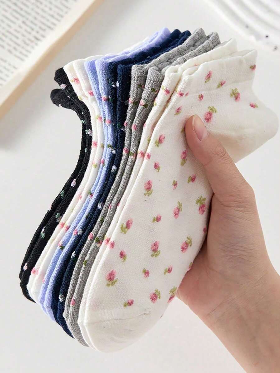 5 Pasang Kaos Kaki Pendek Wanita, Kaos Kaki Pendek Motif Bunga Kecil, Sederhana dan Nyaman, Cocok untuk Semua Musim - MultiWarna - View 1