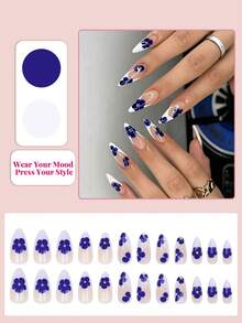 24pcs Medium White French Tip Blue Floral Gold Bead Shiny Full Cover False Nails, Suitable For Women & Girls - Blue - View 2
