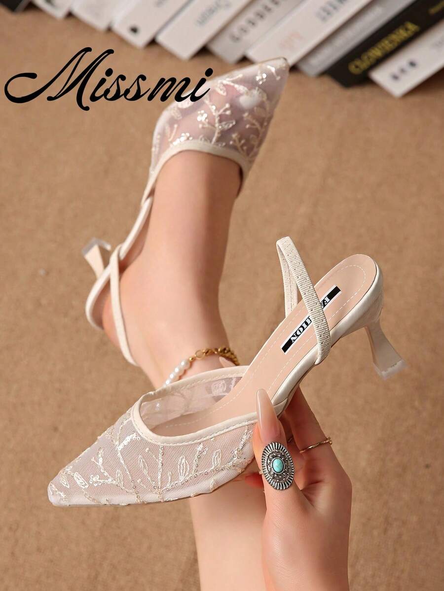 New Chinese Style White High Heel Mules, Pointed Toe Lace Embroidery Convertible Sandals For Women,Summer Outfits - Beige - View 1