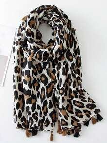 1pc Simple Leopard Print Women Scarf, Sun Protection Shawl For Women, Fashionable Silk Scarf With Tassels Accessories Women - Camel - View 8
