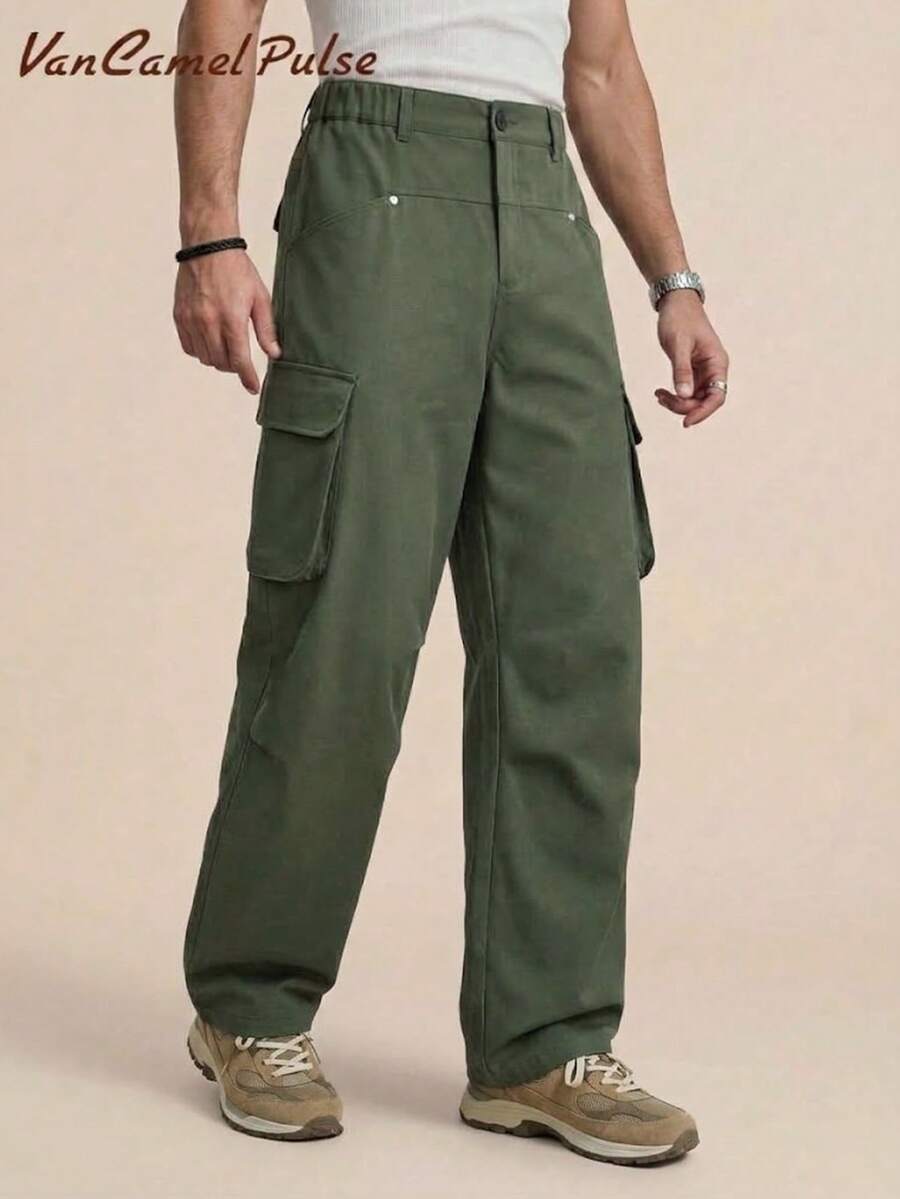 Vancamel Pulse Men's Outdoor Functional Style Cargo Pants With Large Pockets, Versatile Solid Color Minimalist Long Trousers - Army Green - View 1