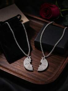 2PCS Silver Tone Split Circle Couple Pendant Necklaces, Engraved Matching Jewelry, Unisex, Valentine's Day & Anniversary Gift - Silver - View 4