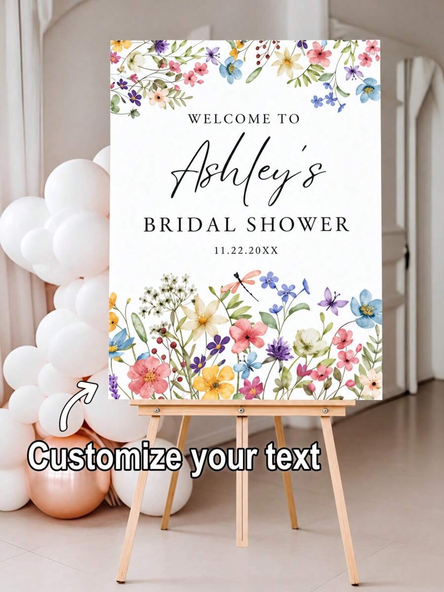 Personalized Text Welcome Sign, Wildflower Bridal Shower Welcome Sign, Floral Bridal Shower Sign, Floral Bridal Shower Brunch Sign, Wedding Decor, Wedding, Engagement, Valentine's Day Gift, Bohemian Style, Garden Party, Linen Banner - Multicolor - View 1