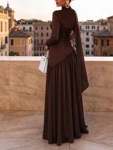 Women's Solid Color Knit & Woven Chiffon Patchwork High Slit A-Line Sexy Elegant Party Christmas Autumn/Winter Dress - Brown - View 4