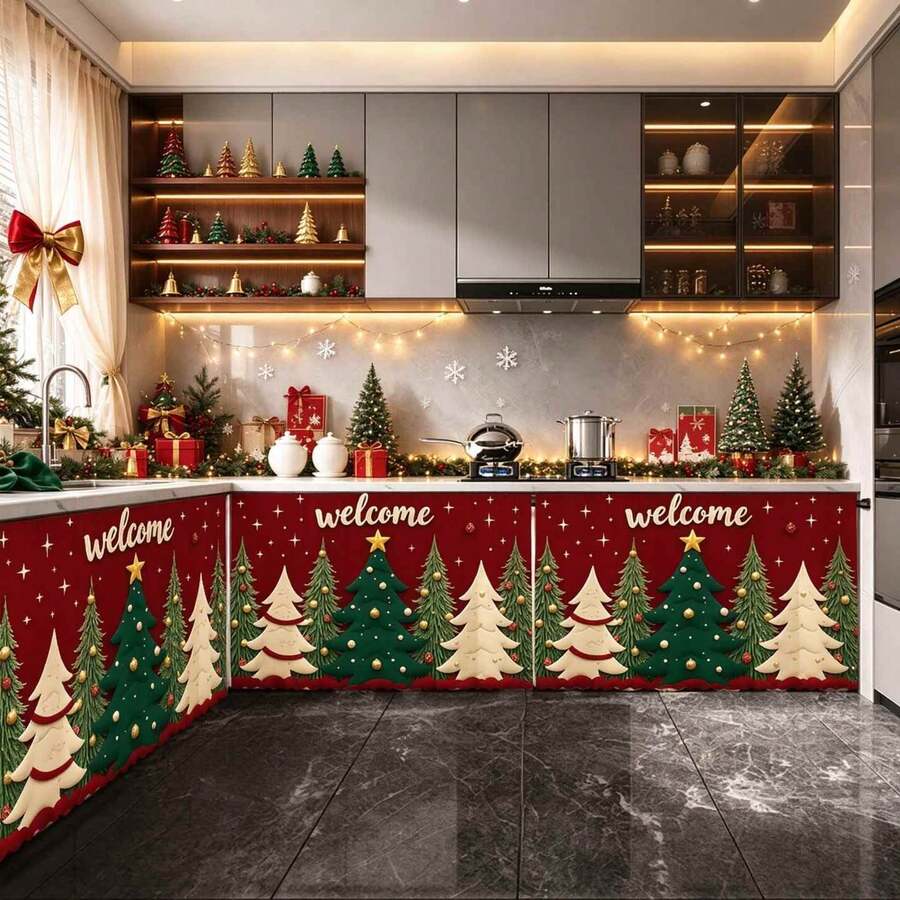 1pc Christmas Series Welcome Christmas Tree Pattern Printed Polyester Short Velvet Table Skirt, Kitchen Cabinet Cover Curtain, Easy To Hang, Ideal For Home Decor, Suitable For Kitchen Cabinets, Laundry Cabinets, Storage Cabinets, Etc., Can Be Used As Window Short Curtain Valance - Multicolor - View 1