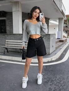 HAPPY GIRL Shorts de mezclilla de 5 pulgadas para mujer estudiante universitaria, versátiles, casuales, de moda, de pierna alargada, con dobladillo deshilachado simple - Negro - Ver 6