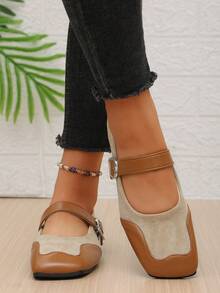 1Pair Women Color Block Faux Suede & PU Buckle Strap Comfort Non-Slip Square Toe Mary Jane Flat Shoes,Vintage For Daily Holiday - Apricot - View 2