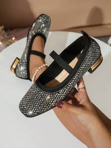 Shiny Square Toe Rhinestone Decorated Women's High Heel Pumps, Fashion Casual Comfortable Mary Jane Low Heel Slip-On Shoes For Daily Commute, Party And Outdoor Wear - Black - View 3