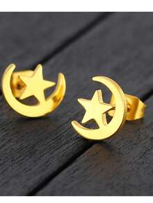 1 Pair Stainless Steel Crescent Moon Star Stud Earrings, Minimalist Ear Jewelry - GED043 - View 3